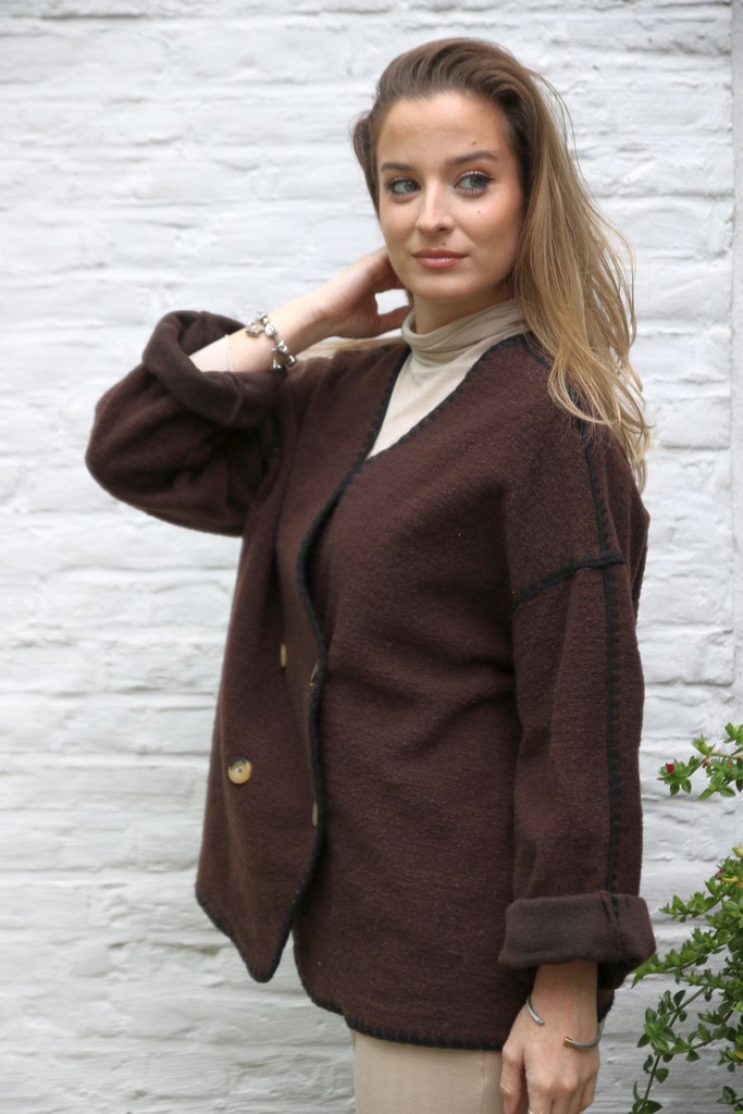 [10017521] Kraagloze jas Midas nm50 wol-look - Bruin-zwart Detail