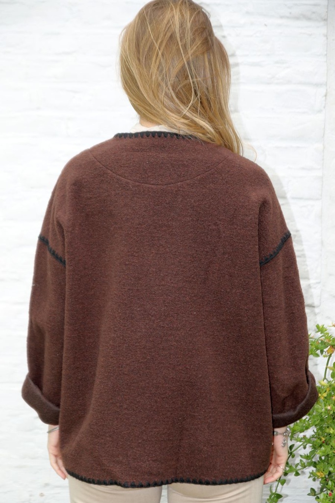 [10017521] Kraagloze jas Midas nm50 wol-look - Bruin-zwart Detail