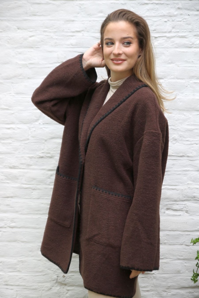 [10017522] Halflange jas Mandy in wol-look nm50 met sjaalkraag - Bruin-zwart Detail