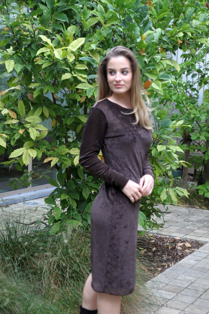 Half lange jurk Lourens nm36 glamy velours op netstof  - Bruin Detail