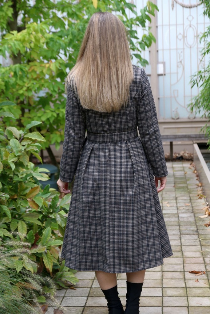 [200654] Lange jas Nienke geruite blokken jacquard reverskraag  - Camel-zwart Detail