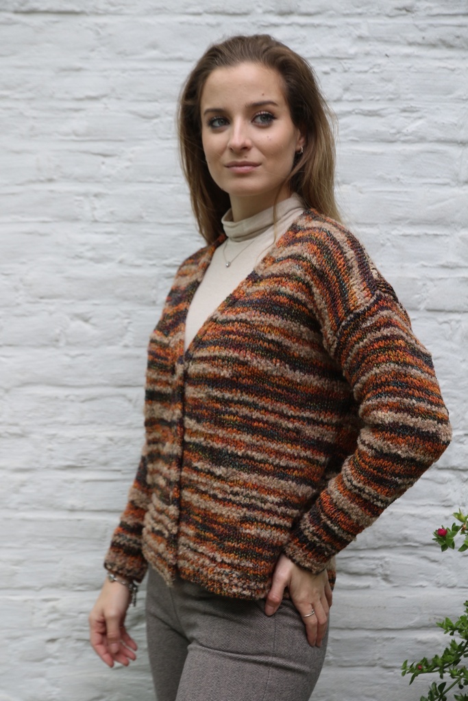 [200664] Tricot cardigan Nisa nm 36 in boucléstof v-hals knopen - Oranje-multicolor Detail
