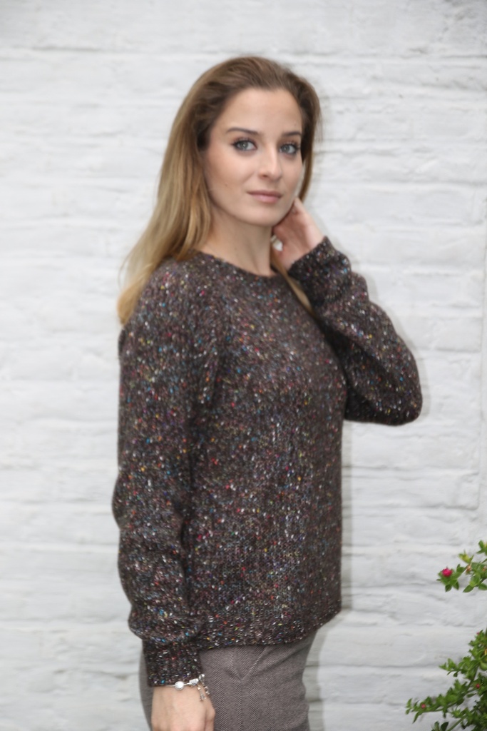 [200665] Tricot pull Nadia nm28 ronde open hals  - Donkerbruin-multicolor Detail