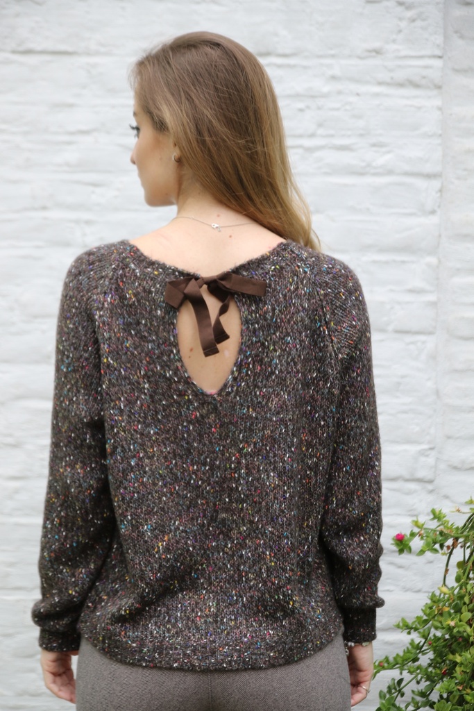 [200665] Tricot pull Nadia nm28 ronde open hals  - Donkerbruin-multicolor Detail