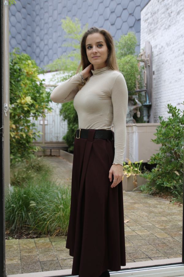 [200650] Klokrok Nick halflang met lederen taillebinder  - Bordeaux Detail