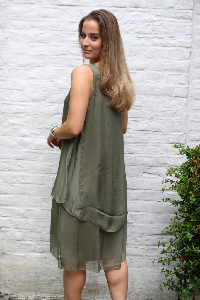 Silk overgown Liam nm99 frilled open neck double layer - Kaki Detail