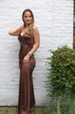 Long satin dress Linde crossed draped V-neck and waist long waist flounce - Bruin Detail