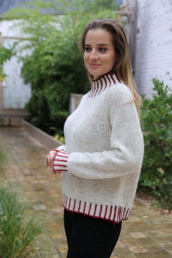 [10017425] Pul Louk nm26 opstaande geribde en gelijnde kraag en zoom  - Beige-bordeaux Detail