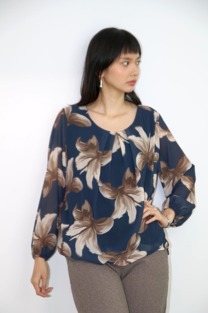 [200695] Blouse Nore nm 36 open hals gevoerd  - Donkerblauw-beige Detail