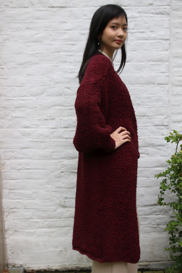 [200698] Lange cardigan Nika nm20 in boucléstof - Bordeaux Detail