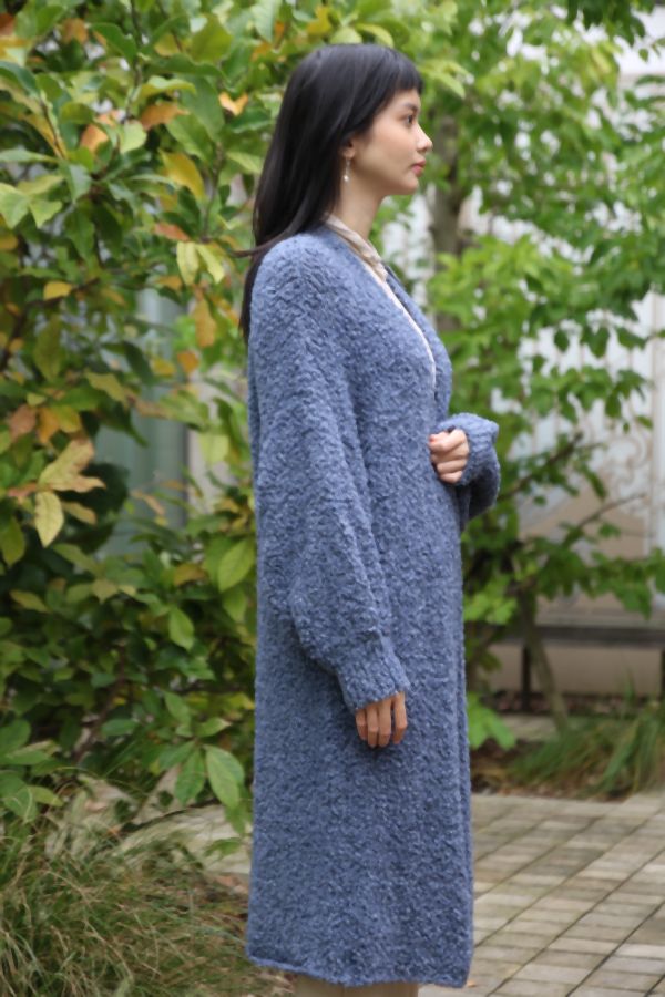 [200698] Lange cardigan Nika nm20 in boucléstof - Jeansblauw Detail