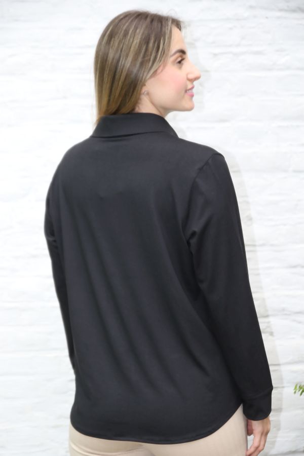 Jersey blouse Leonoor nm20 viscose jersey polokraag  - Zwart Detail