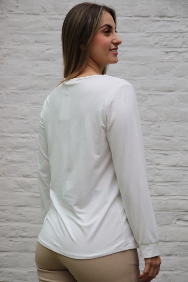 T-shirt Leilani nm20 V-hals met springplooi viscose jersey - Wolwit Detail