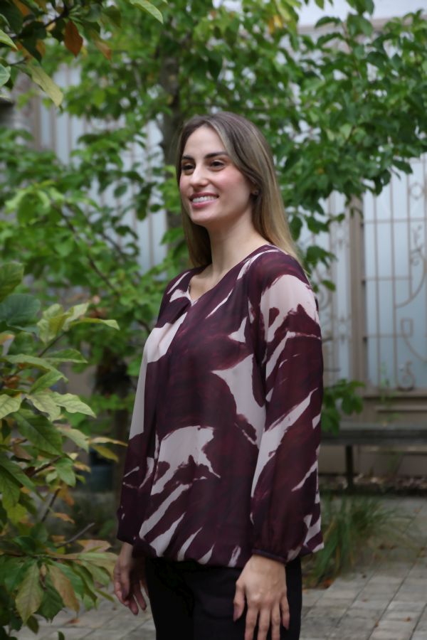 [200695] Blouse Nore nm 36 open hals gevoerd  - Aubergine-beige Detail