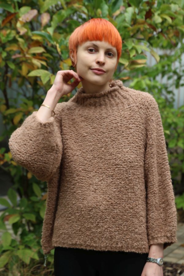 [200662] Pull Nine nm30 in boucléstof 3/4 mouwen ronde hals - Camel Detail