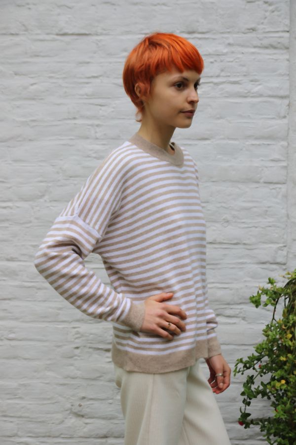 Gestreept truitje Miray met ronde hals nm80 - Beige-wit Detail