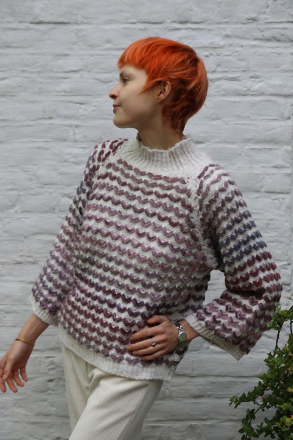 Pull Millie met doorgeweven golfpatroon nm46 - Wolwit-roze Detail