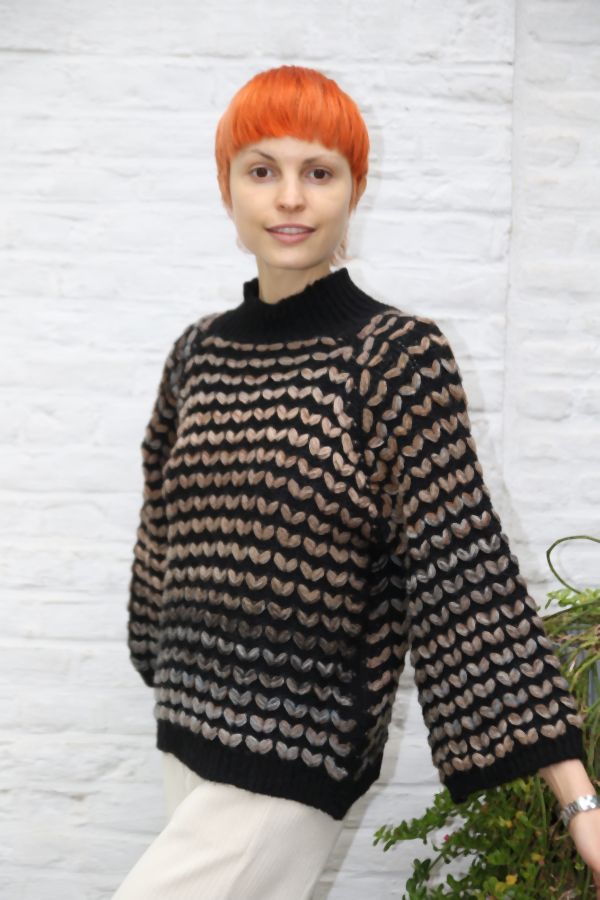 Pull Millie met doorgeweven golfpatroon nm46 - Zwart-bruin Detail