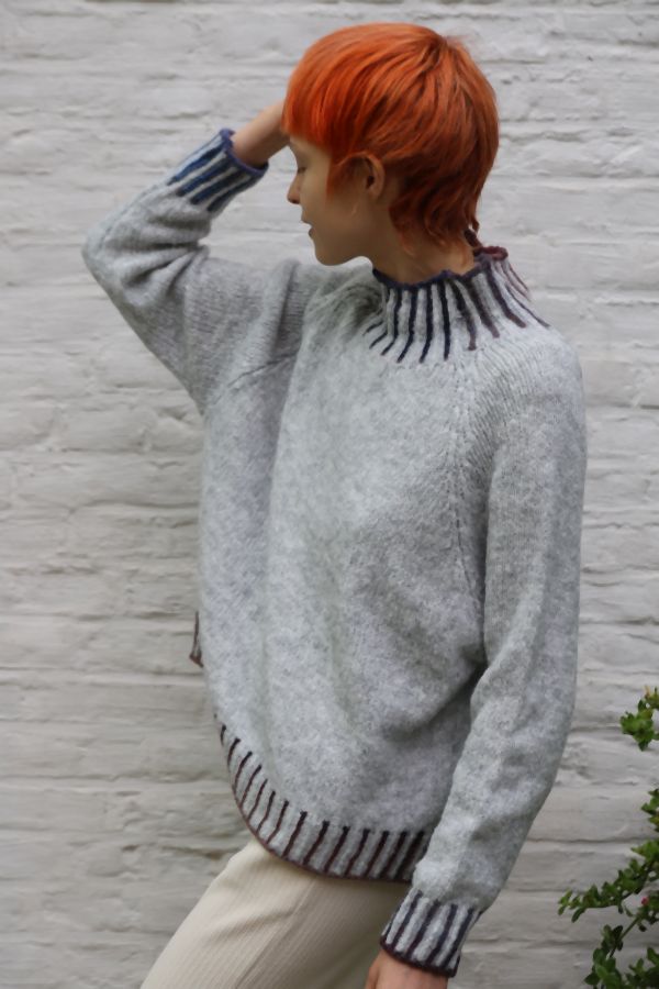 Pull Maan opstaande gestreepte kraag en boord nm26 - Lichtgrijs-paars Detail