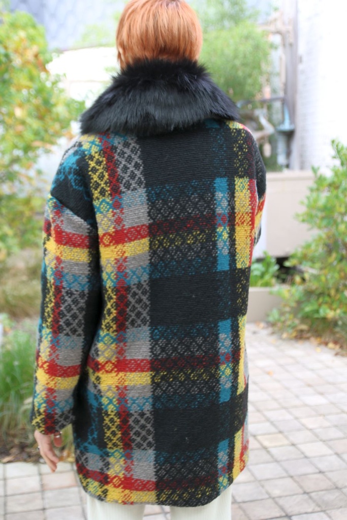 [200844] Mantel Nicola nm95 schotse ruit eco pels kraag - Zwart-geel-turkoois Detail