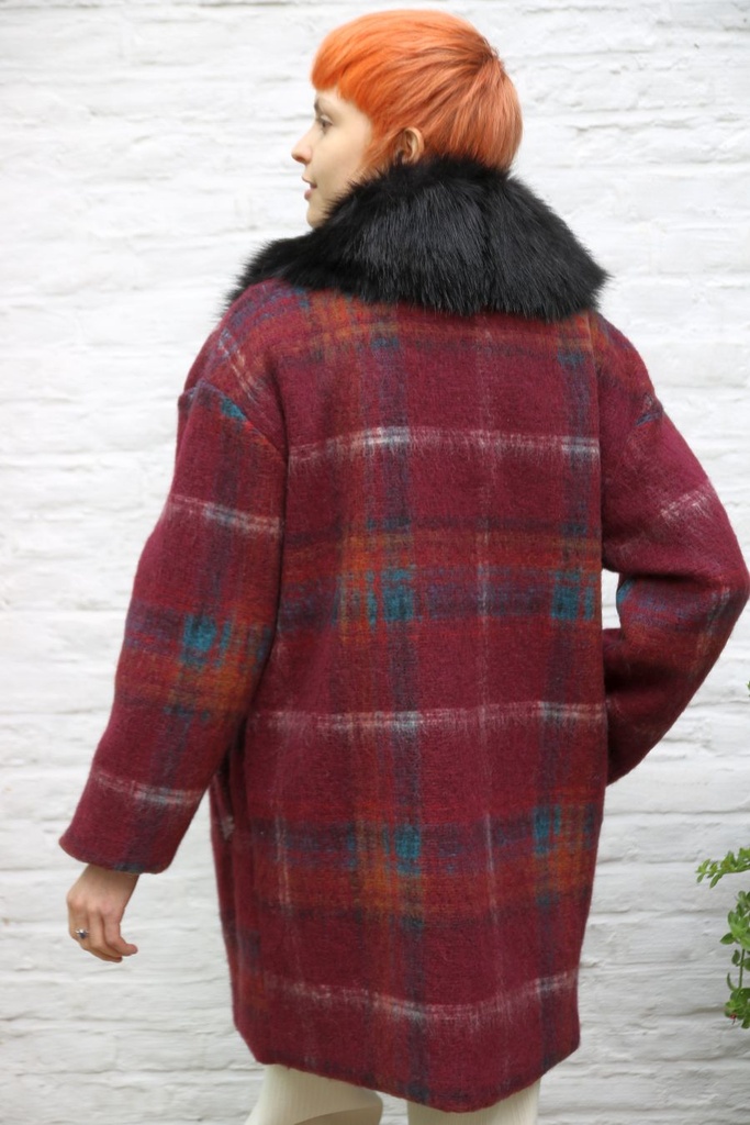 [200847] Naya nm95 mantel schotse ruit eco pels kraag  - Aubergine-camel-blauw Detail