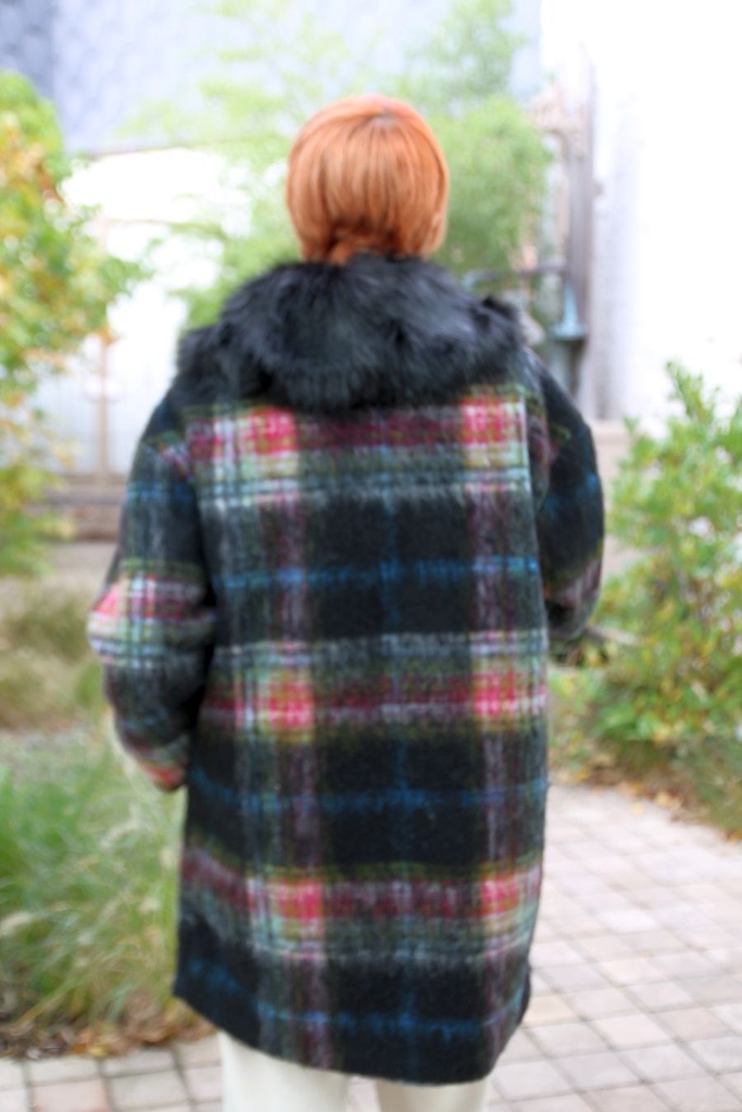 [200847] Naya nm95 mantel schotse ruit eco pels kraag  - Zwart-blauw-roze Detail