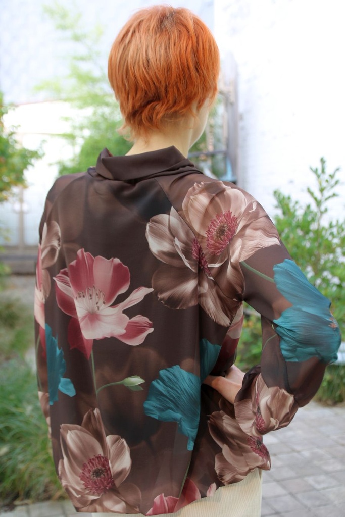 [200851] Blouse Lida nm43 jabotkraag XL bloem gepofte zoom - Bruin-eendenblauw Detail