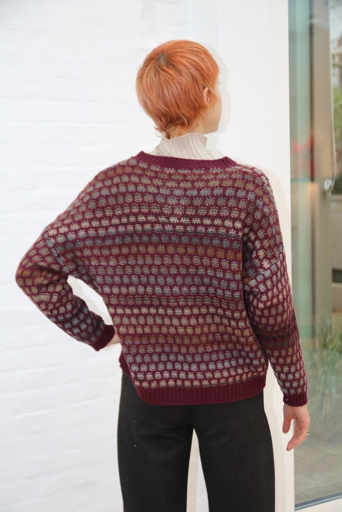 [200855] Tricot pull Neil nm80 ronde hals ruitjes bicolor - Bordeaux-taupe-jeansblauw Detail