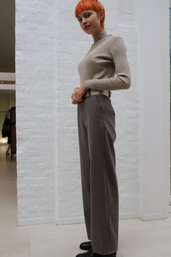 [200863] Niki broek ingeweven visgraat stoffen taillebinder - Camel-zwart Detail