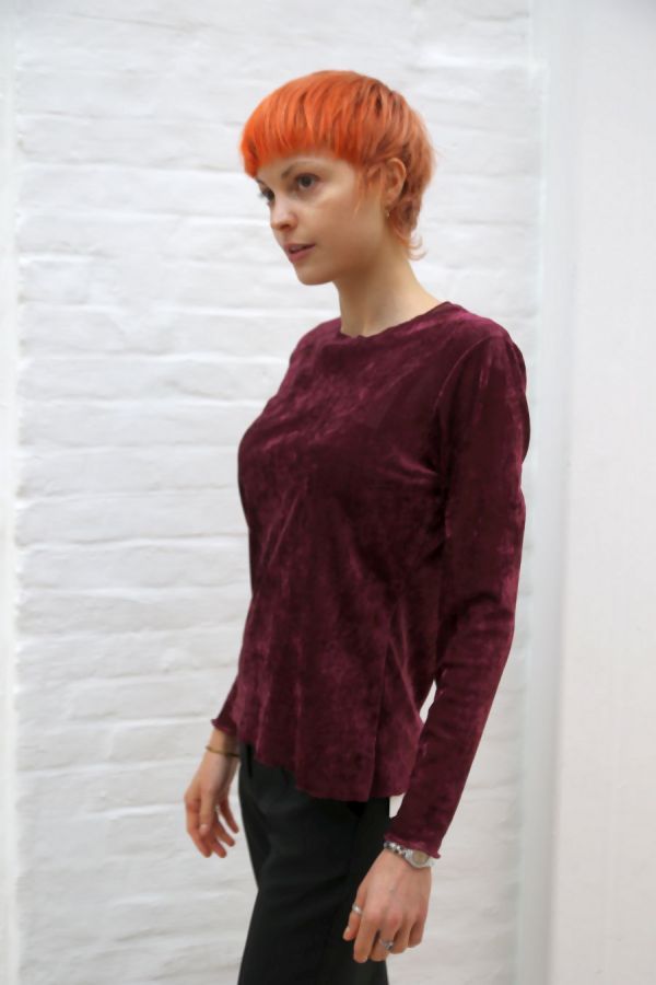[200883] Blouse Nilay glamy velours op netstof ronde hals - Bordeaux Detail