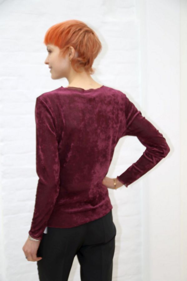 [200883] Blouse Nilay glamy velours op netstof ronde hals - Bordeaux Detail