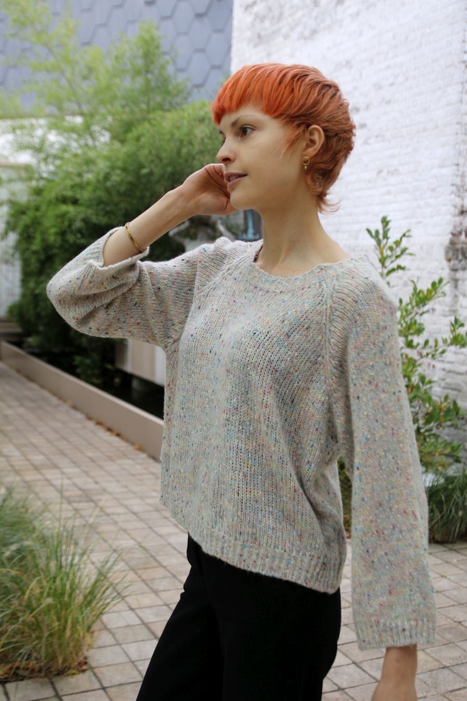 Pul Lene nm28 spikkel rugsplit striklint open hals losse mouw - Beige-multicolor Detail