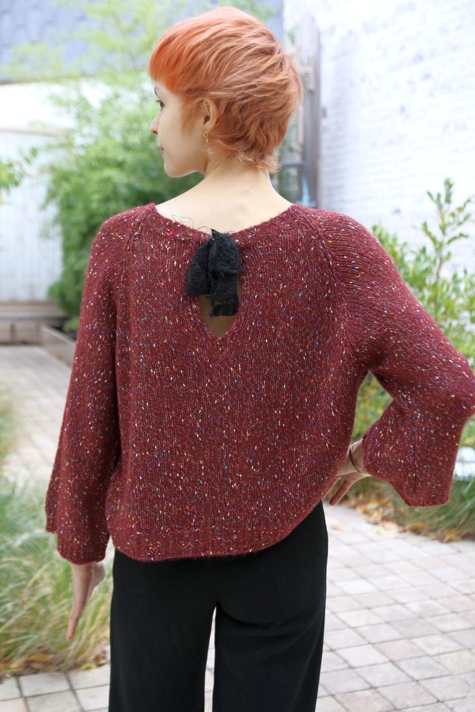 Pul Lene nm28 spikkel rugsplit striklint open hals losse mouw - Bordeaux-multicolor Detail