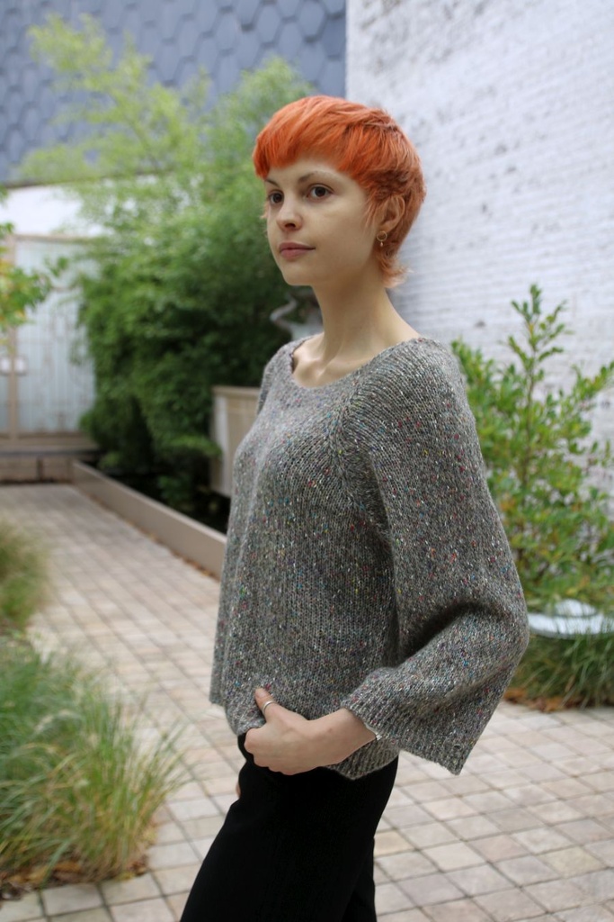 Pul Lene nm28 spikkel rugsplit striklint open hals losse mouw - Taupe-multicolor Detail