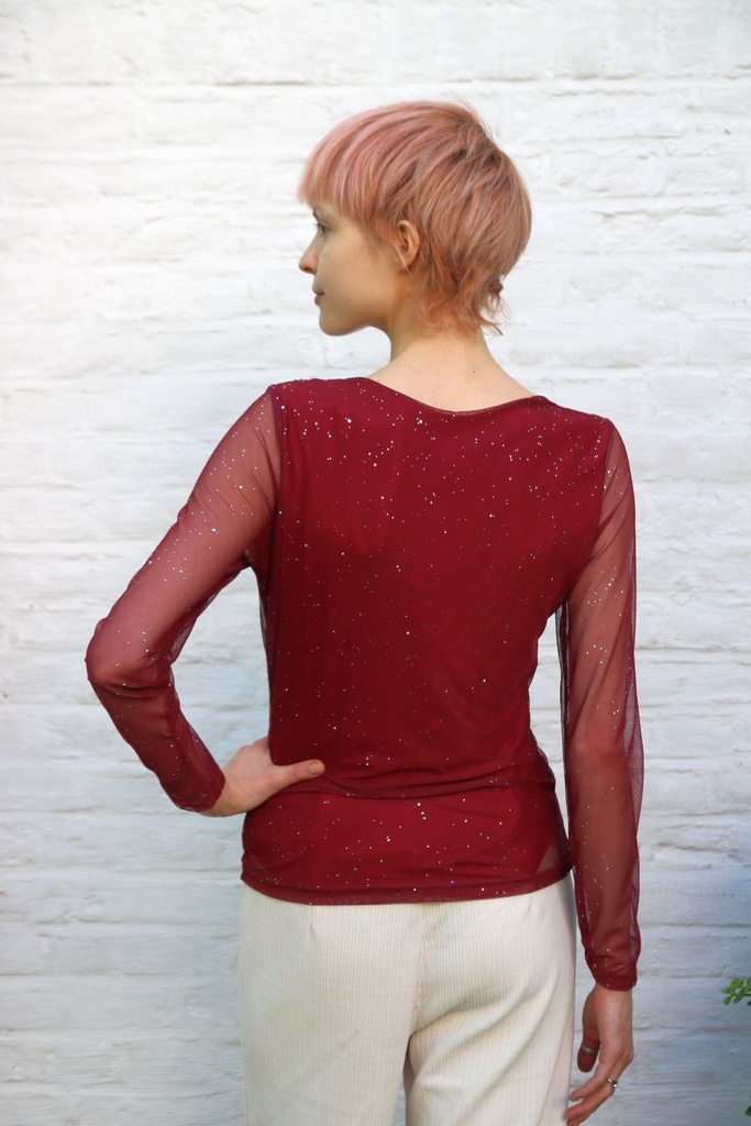 [200956] T-shirt Lavina nm43 a-symmetrische kraag vergulde broche  - Bordeaux Detail