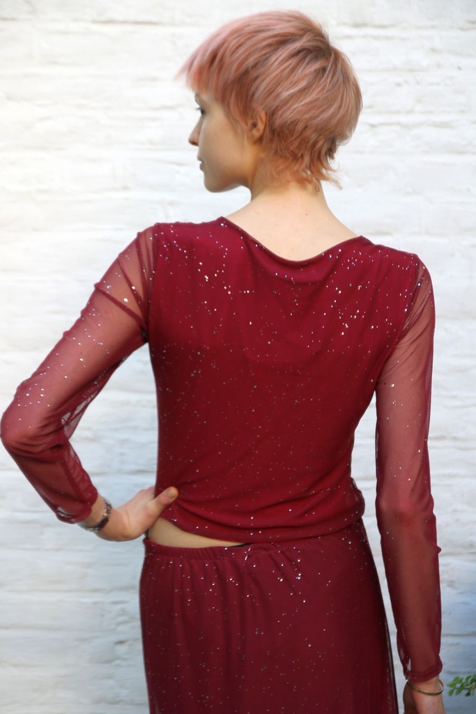 [200959] T-shirt Lyano nm43 V-hals met ovale ring studs op netstof - Bordeaux Detail