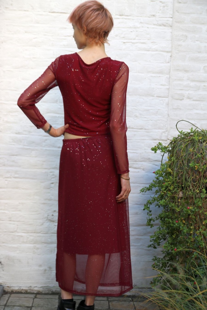 [200960] Rok  Leone nm48 gedrapeerd ovale ring studs op netstof - Bordeaux Detail