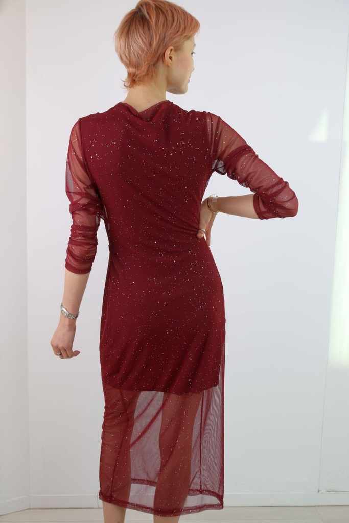 [200964] Lange jurk Lijntje nm34 opstaande kraag glitter - Bordeaux Detail