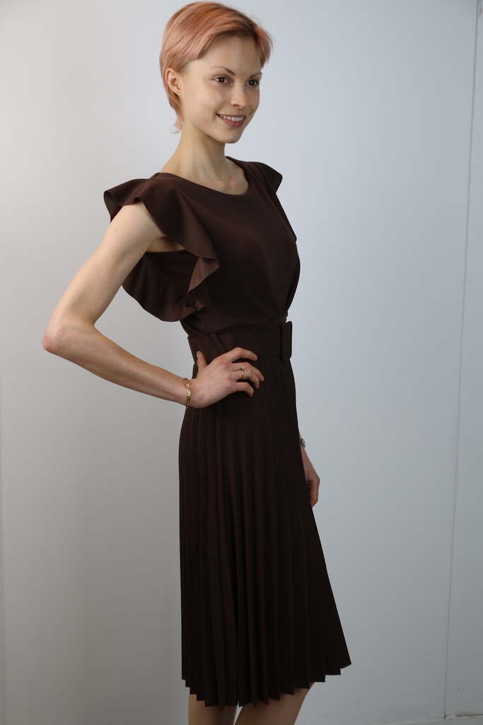 [10017152] Crepe jurk Luna mouw ruches geplooide klokrok - Bruin Detail