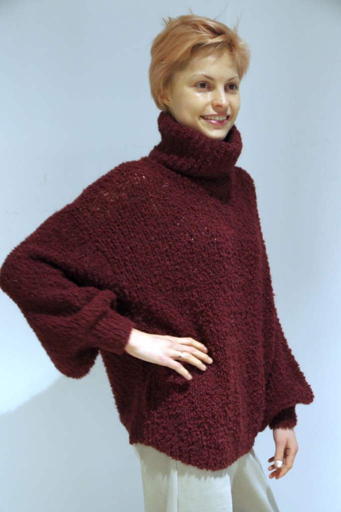 Pull Quintin nm8 gehaakte boucléstof opstaande kraag  - Bordeaux Detail