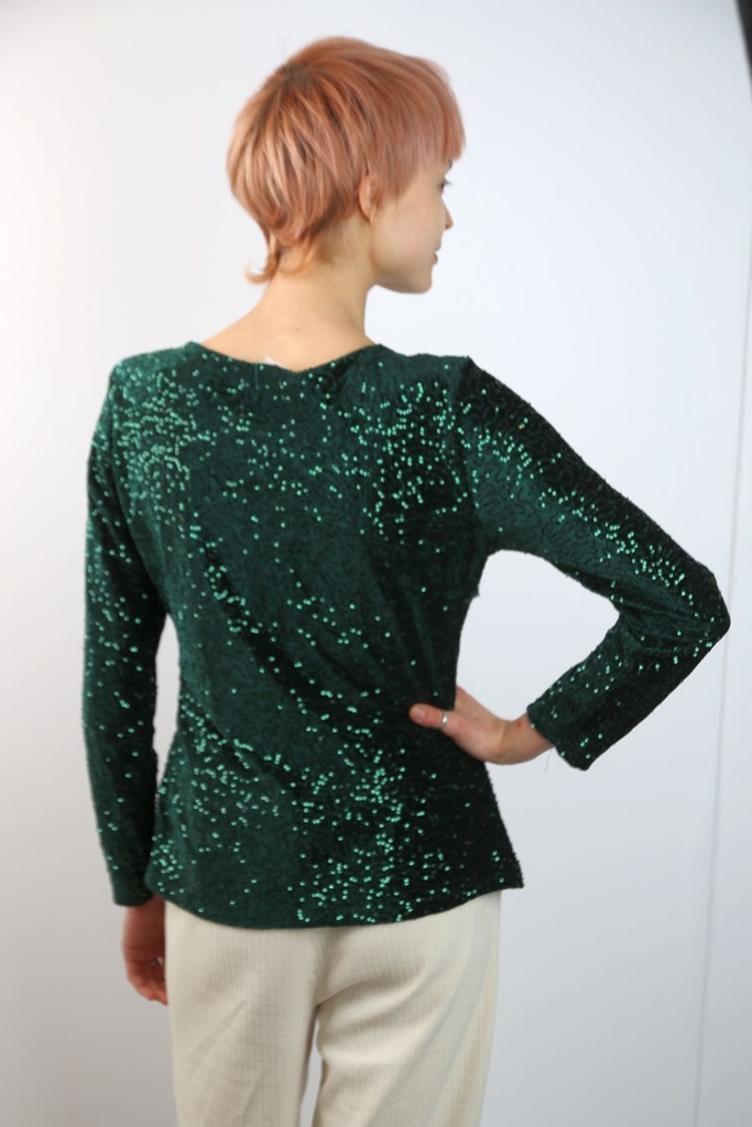 [200969] Pul Lieven nm36 pailletten op effen velours tailledrapage  - Groen Detail