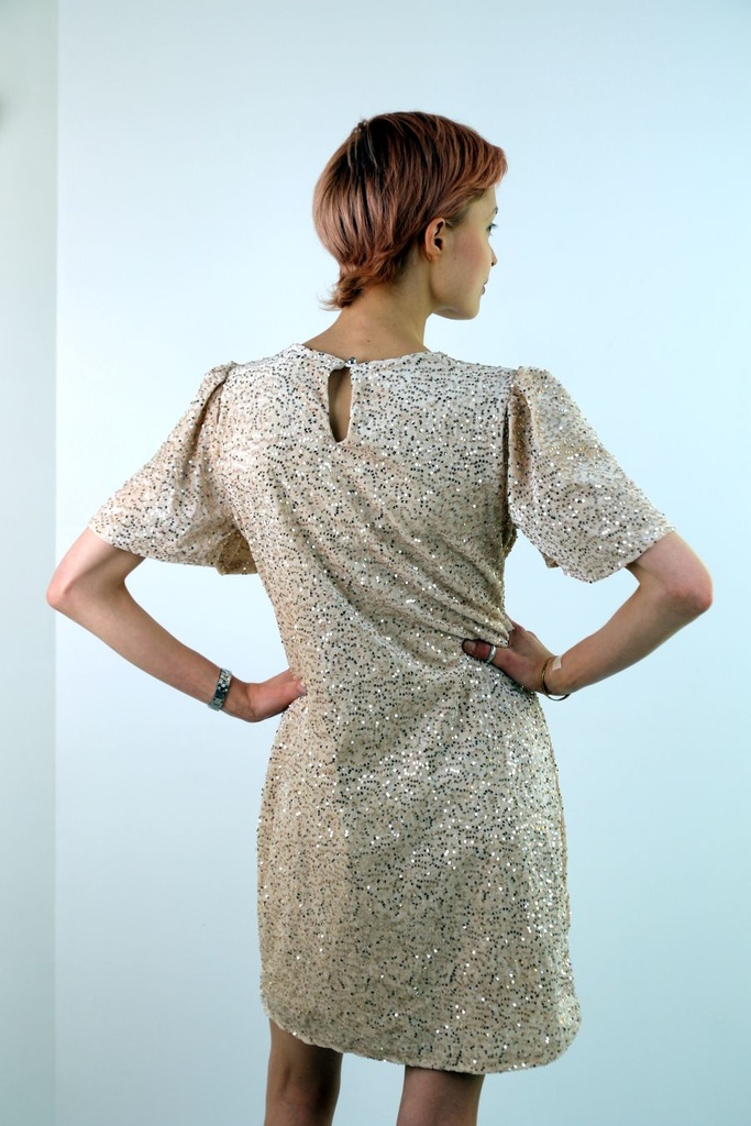 [200974] Feestjurk Lilianna nm30 pailletten op effen velours kapmouw - Beige-goud Detail