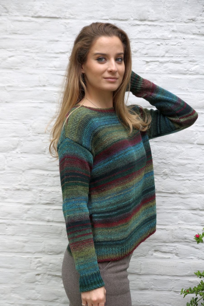 [201001] Pull Nikolai nm53 ronde hals geribde hals zoom manchette  - Kaki-blauw-bordeaux Detail