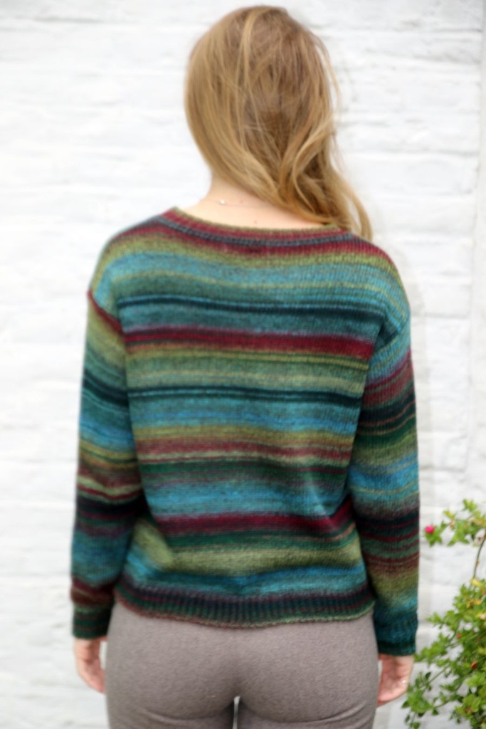 [201001] Pull Nikolai nm53 ronde hals geribde hals zoom manchette  - Kaki-blauw-bordeaux Detail