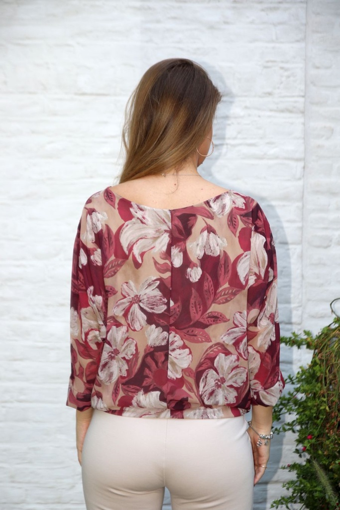 Bloemenblouse Marcel met taillestrik nm48 - Bordeaux-beige Detail