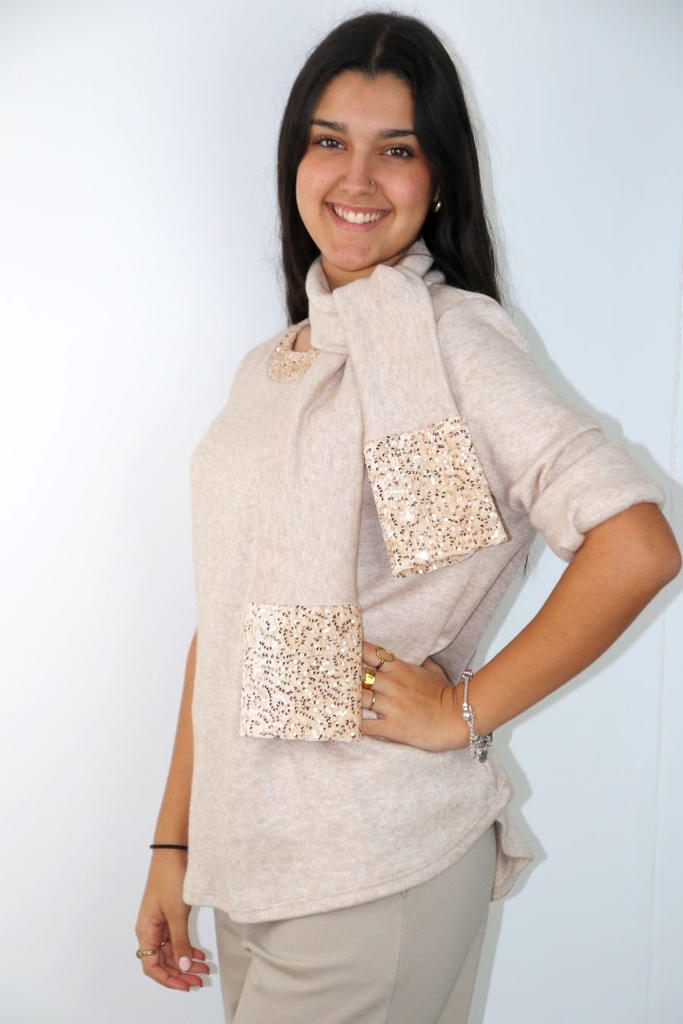 [201061] Pull Petra nm95 open hals en sjaal met pajetten - Lichtbeige Detail