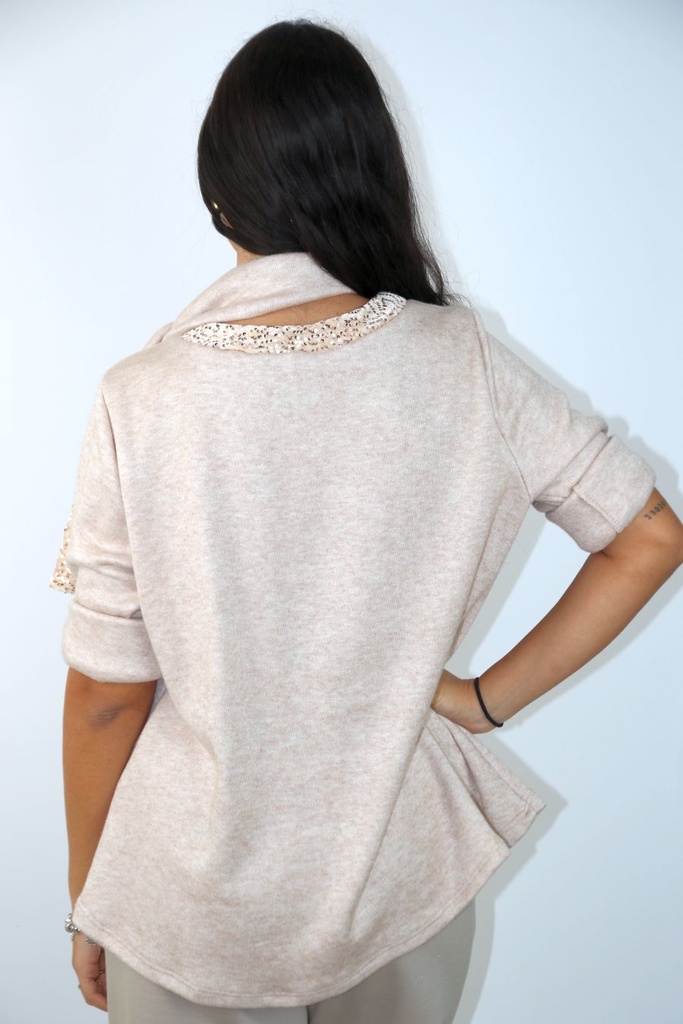 [201061] Pull Petra nm95 open hals en sjaal met pajetten - Lichtbeige Detail