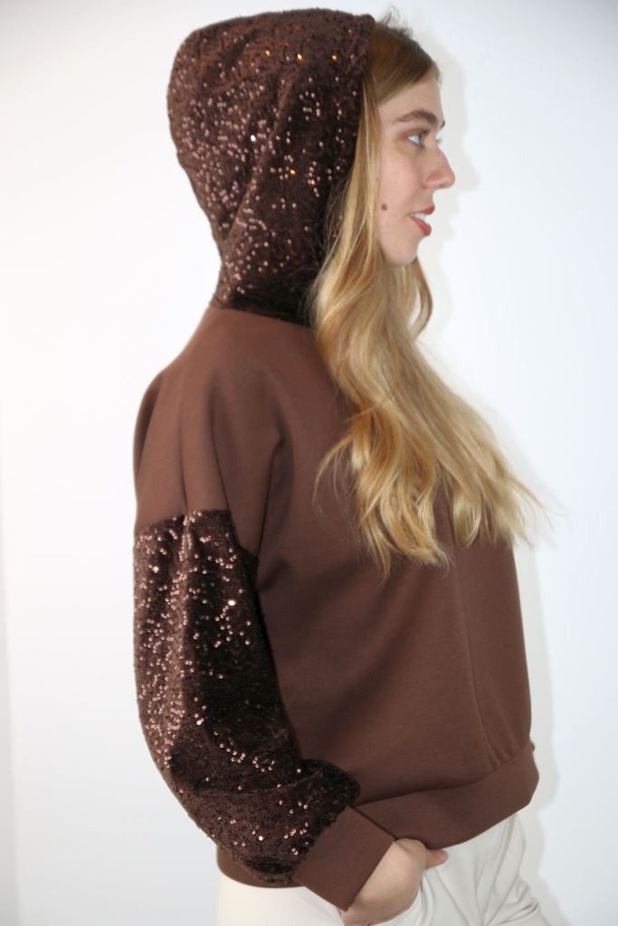 [201070] Sweater met hoodie Peer nm60 ronde hals pajetten op mouwen en kap - Bruin Detail