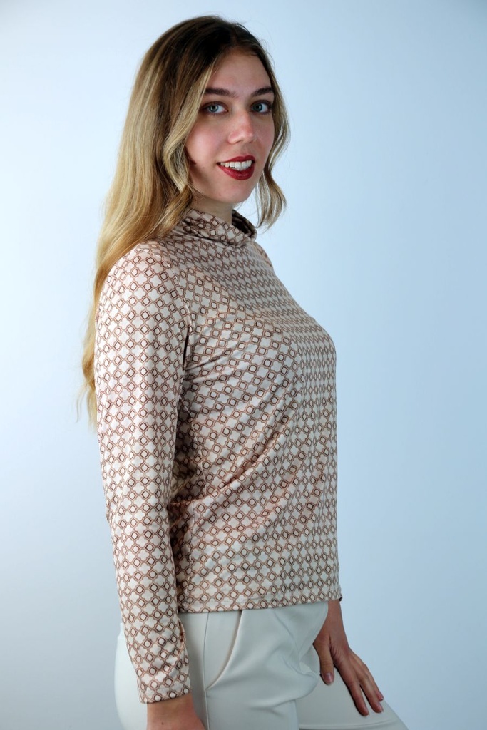 [201072] T-shirt Luit klavertje 4 stekelbes rolkraag viscose jersey - Beige-bruin Detail