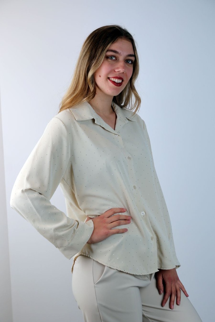Blouse Quinte zacht aanvoelend studs geknoopt springplooi - Beige Detail